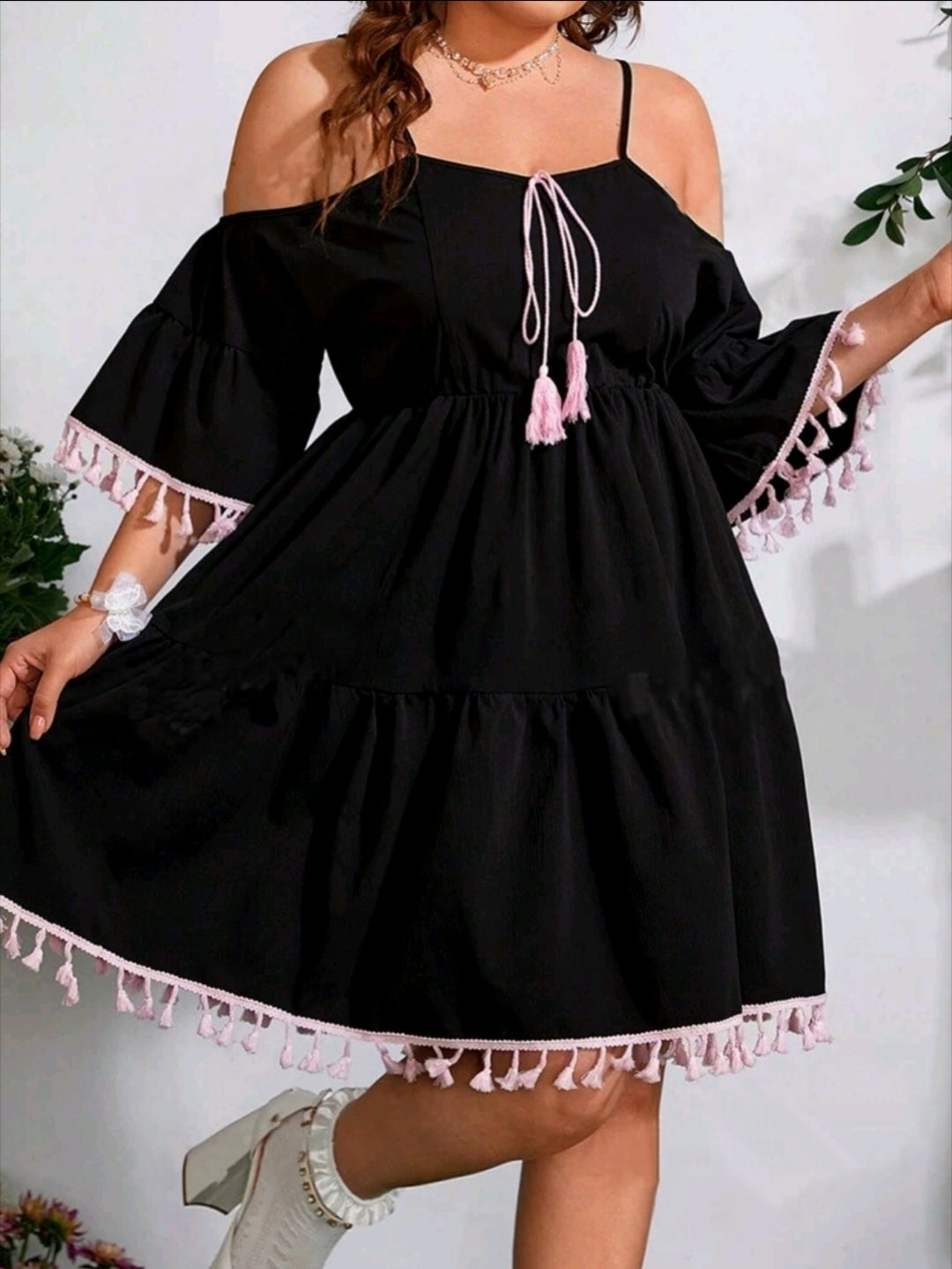 Black Off Shoulder Pink Lined Hem Plus Size Dress
