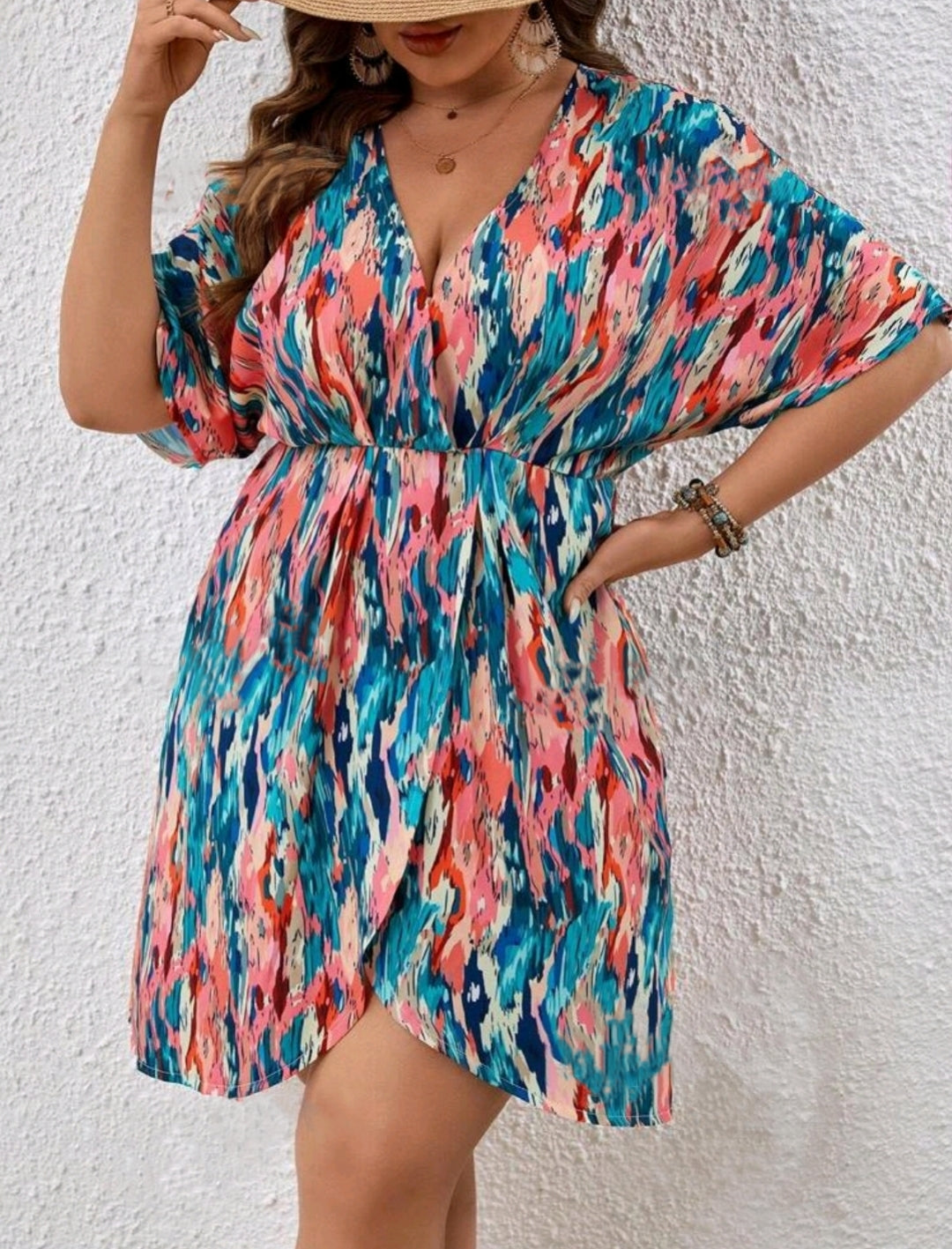Multicolour V-Neck Batwing Sleeve Plus Size Dress