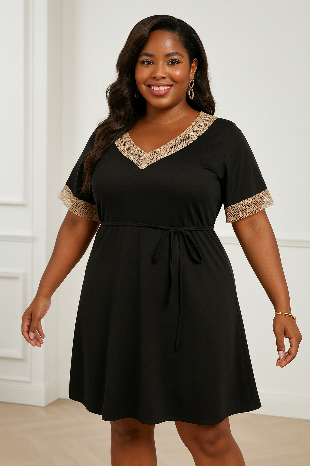 Black Netted Gold Lined V-Neck Plus Size Dress